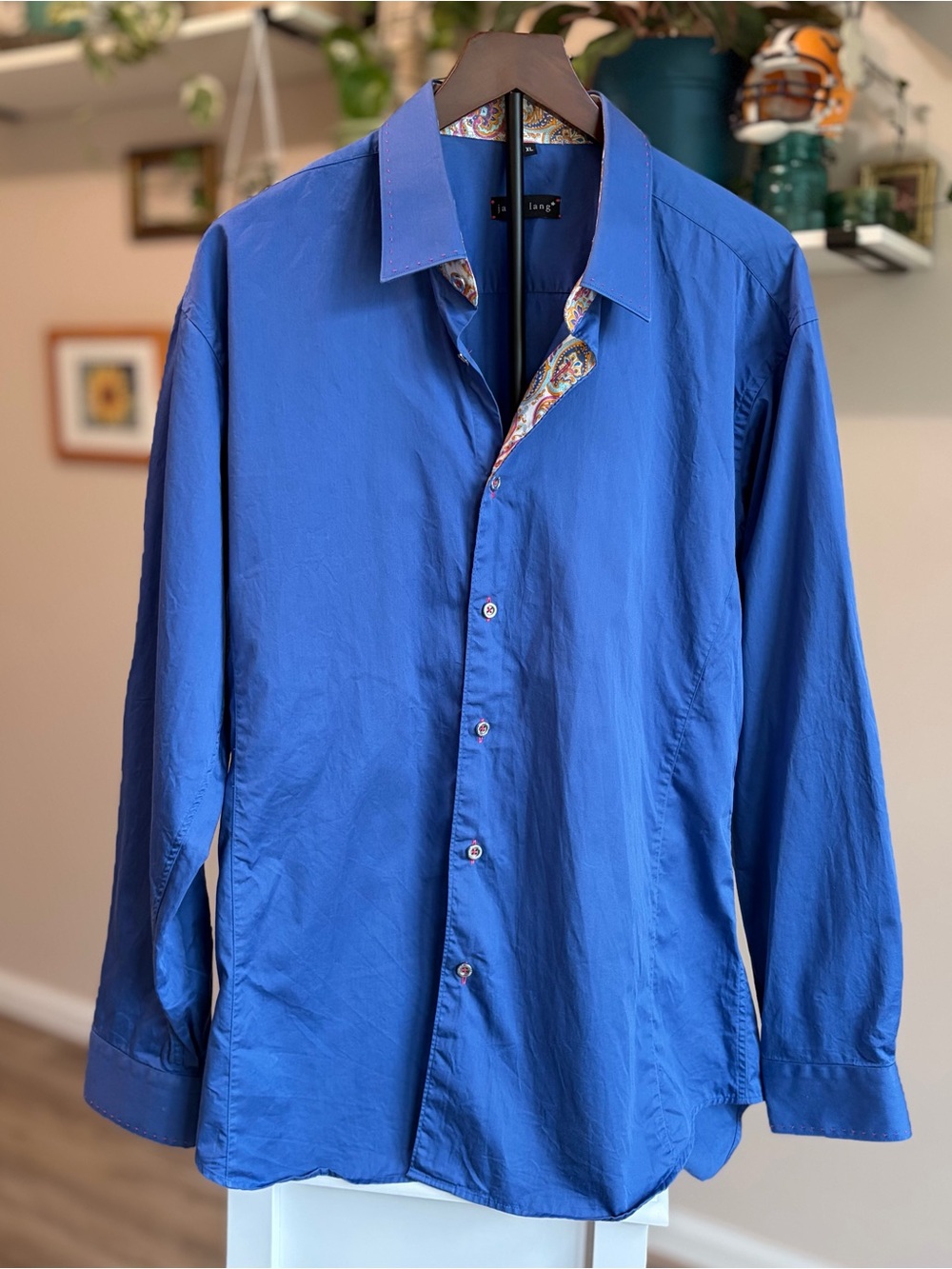 Jared Lang Blue with paisley Collar long sleeve men’s button up shirt Size XL